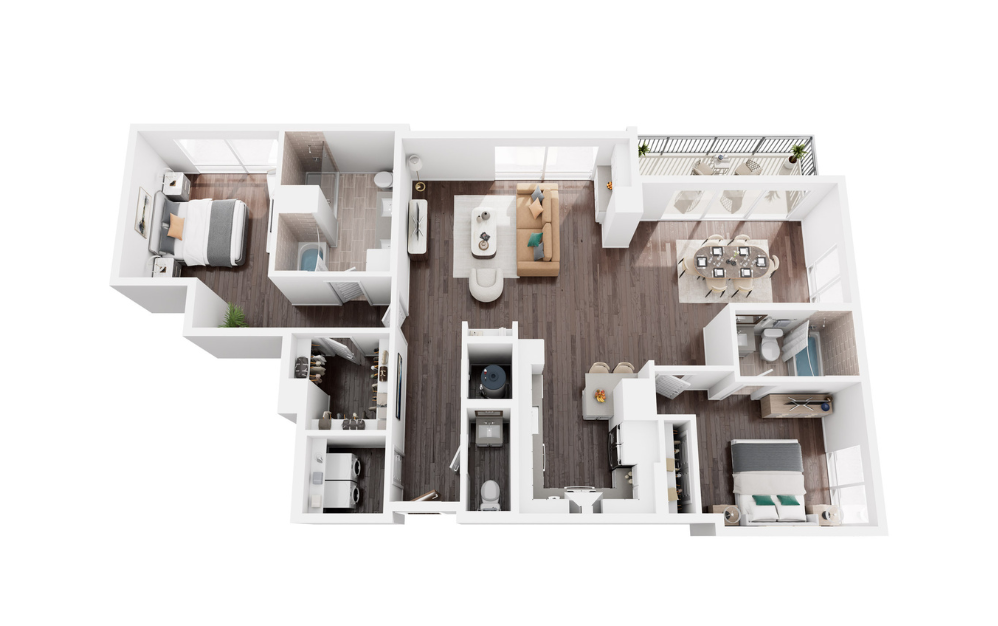 PINE - 2 bedroom floorplan layout with 2 bathrooms and 1535 square feet (3D)