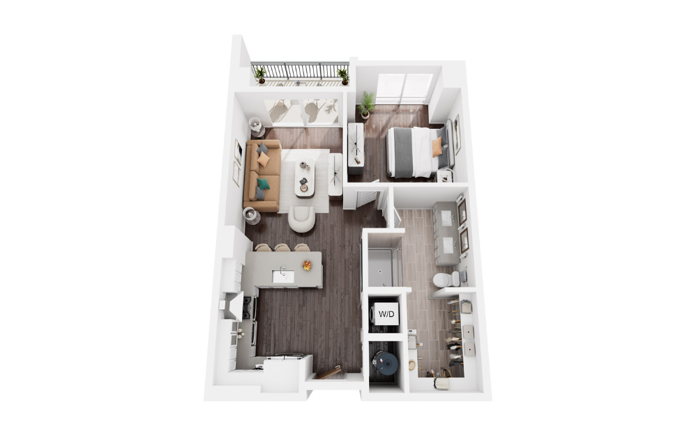 REDBUD - 1 bedroom floorplan layout with 1 bathroom and 735 square feet (3D)