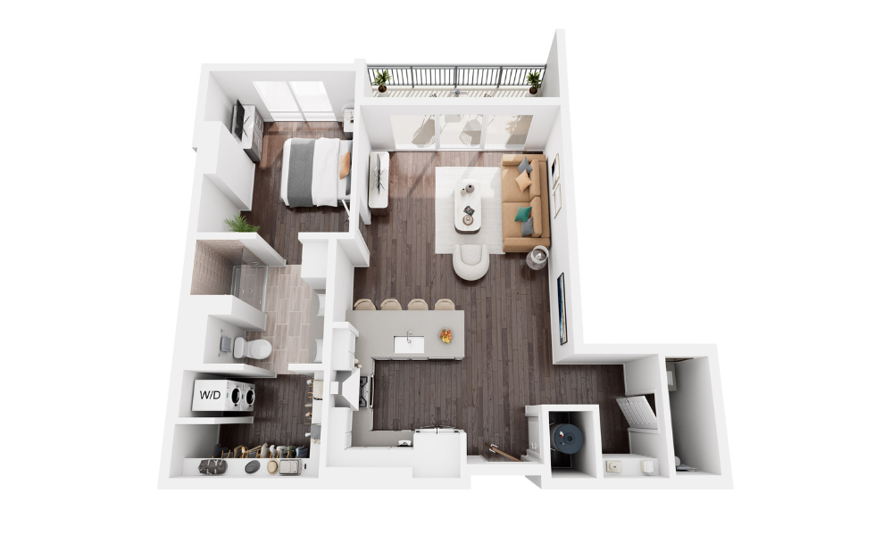 WILLOW - 1 bedroom floorplan layout with 1 bathroom and 890 square feet (3D) WILLOW - 1 bedroom floorplan layout with 1 bathroom and 890 square feet (3D)